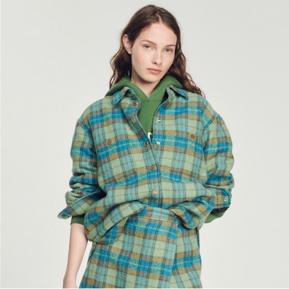 NEW Sandro Kenneth Plaid Virgin Wool Green Blue Shacket Womens Jacket $695 - Picture 1 of 10